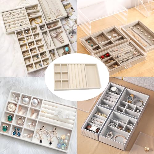 Funstreet 3-in-1 Velvet Jewelry Organizer Tray, Beige Stackable Storage
