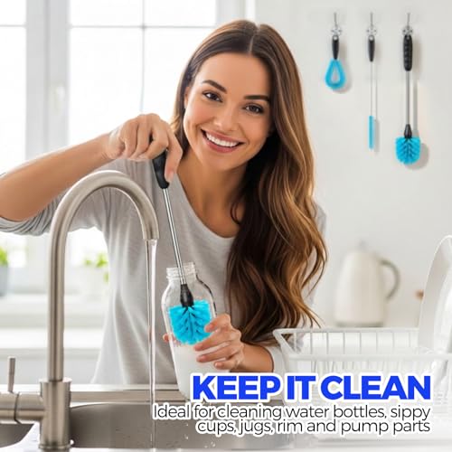 Holikme 4-Piece Bottle Brush Set, 14.5" Stainless Steel Cleaning Tool - Blue