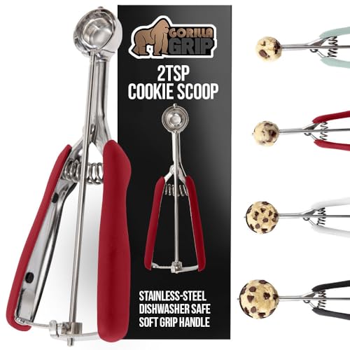 GORILLA GRIP Stainless Steel Cookie Scoop, 2 TSP #100, Red Soft Grip