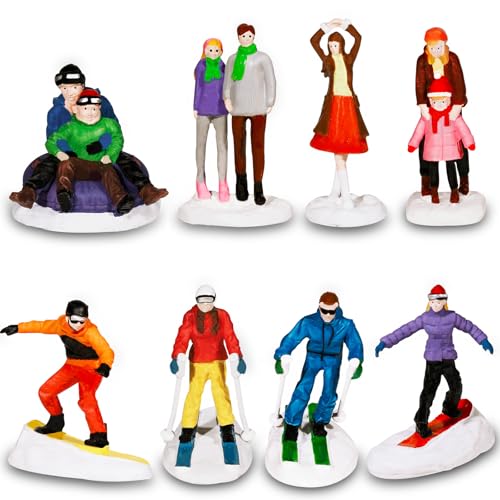 Miniature Christmas Village People Figurines Set - 8 pcs, Skating & Skiing, Variation B