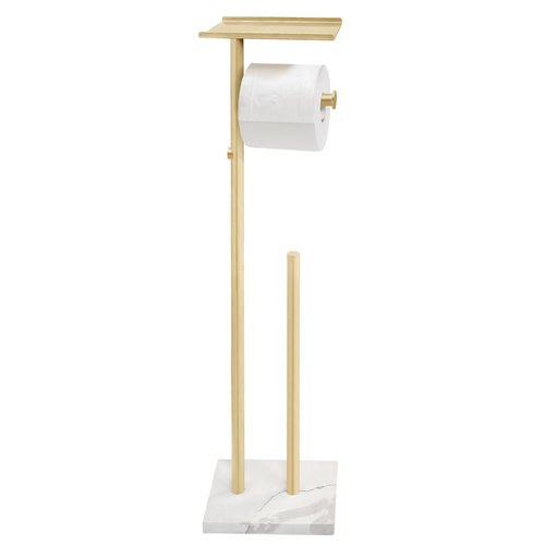 GZILA Brushed Gold Toilet Paper Stand Holder with Shelf, Marble Design Base Free Standing Toilet Paper Roll Holder with 2 Dispenser SUS 304 Stainless Steel Reserve, Storage 5 Rolls