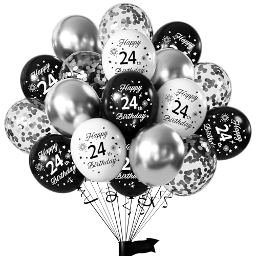 24th Birthday Balloons Kit - Black & Silver 16-Pc Latex Set
