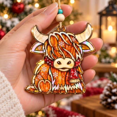 Highland Cow Christmas Ornament 4 Inch Acrylic Flat Decor - Variation: Highland Cow