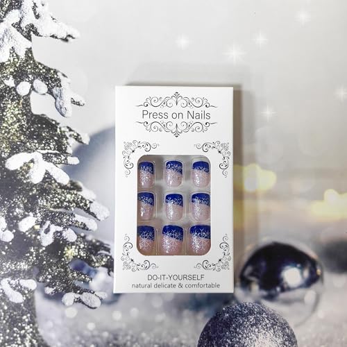 Christmas Press on Nails Square Fake Nails Snowflake Glitter Blue French Tip