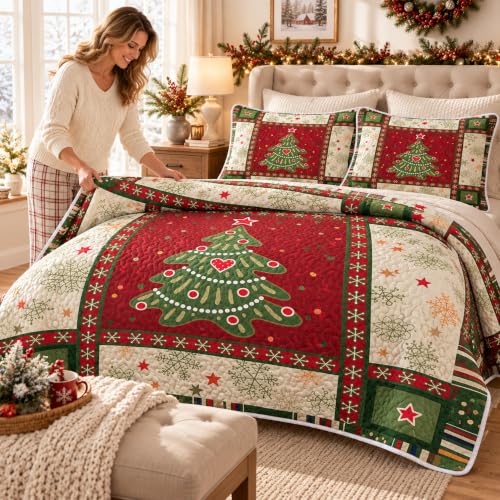 King Christmas Quilt Set with 3-Piece Patchwork Tree Design - Red, Bedding