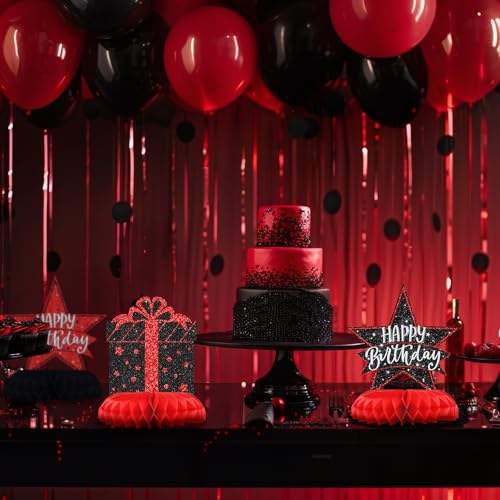 Celee Black and Red Birthday Decorations 12PCS Honeycomb Table Centerpieces - Elegant Adult Party Supplies