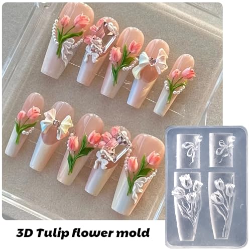 Silicone Nail Art Molds Set 3D Flower Tulip Bouquet with Carving Pen