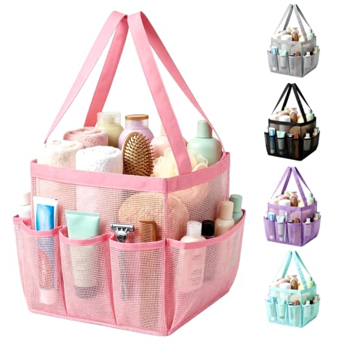 Portable Mesh Shower Caddy with 9 Pockets - Quick Dry Tote Bag for Dorm & Travel (Pink)