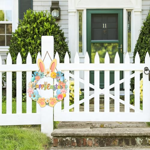 Easter Wooden Door Wreath 13" Happy Easter Sign for Front Porch Decor