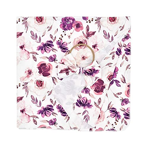 Purple Floral Newborn Swaddle Blanket and Matching Headband Set