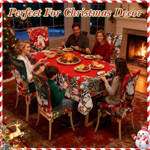 Christmas Tablecloth and Chair Covers Set - Rectangular 80x55 Inch, Red, 7 Pieces - Rectangle / 80 x 55 Inch