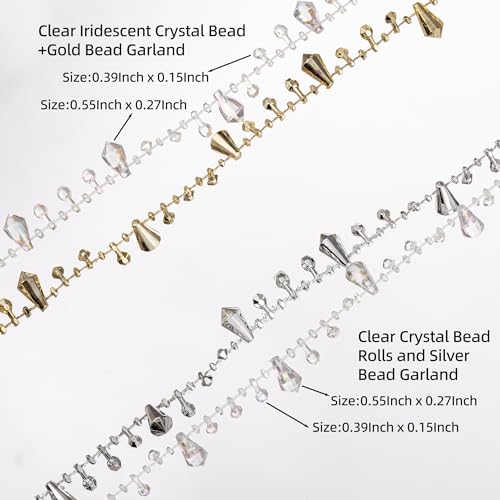 Crystal & Gold Bead Garland - 33 Feet Christmas Tree & Wedding Decor - Variation of 33Feet-Gold+Clear