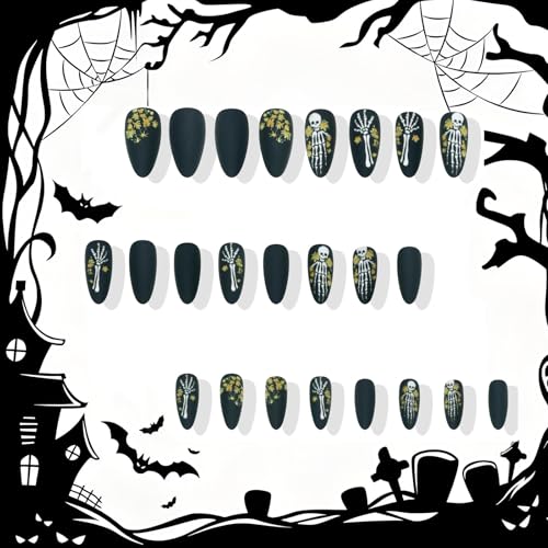 GCSQW Medium Almond Halloween Press on Nails Black Matte Skeleton Fake Nails