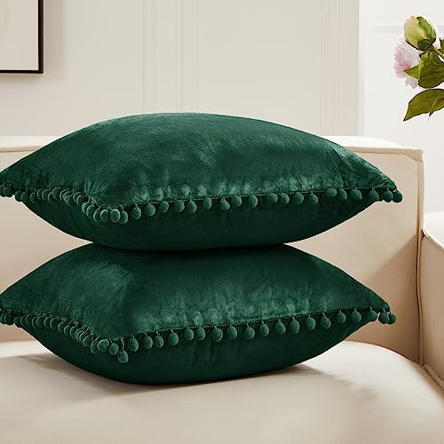 Deconovo Velvet Pom Pom Throw Pillow Covers - Dark Green, 16x16