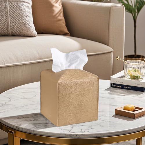 LIVESO PU Leather Tissue Box Cover - 2 Pack Beige & White
