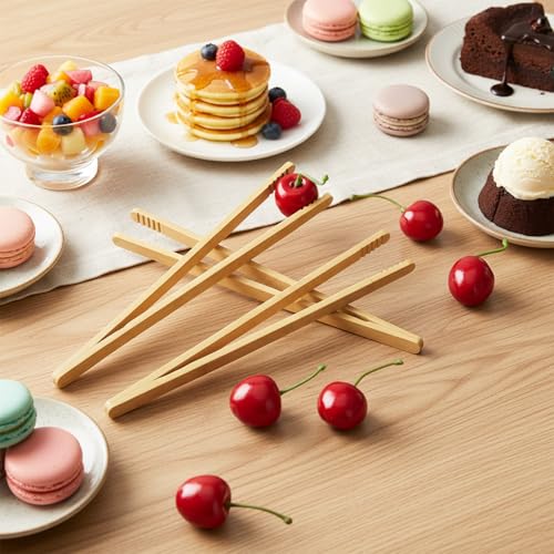 JJUNW 10 Pcs Bamboo Toast Tongs - Anti-Slip 7 Inch Wooden Utensils