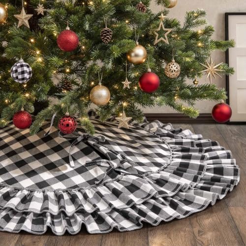 Yuboo Buffalo Plaid Christmas Tree Skirt 48 Inch Black & White Ruffled Decor