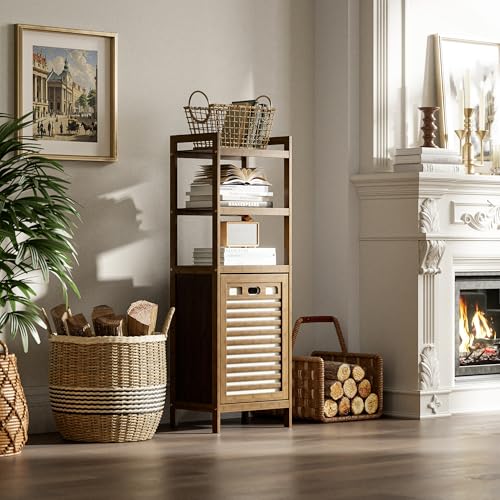 HITNET Bamboo Tilt Out Laundry Hamper, Bathroom Storage Cabinet with Hidden Removable Basket and 3 Open Shelves, Space Saving Bamboo Storage for Clothes, Towels and Toys, Walnut