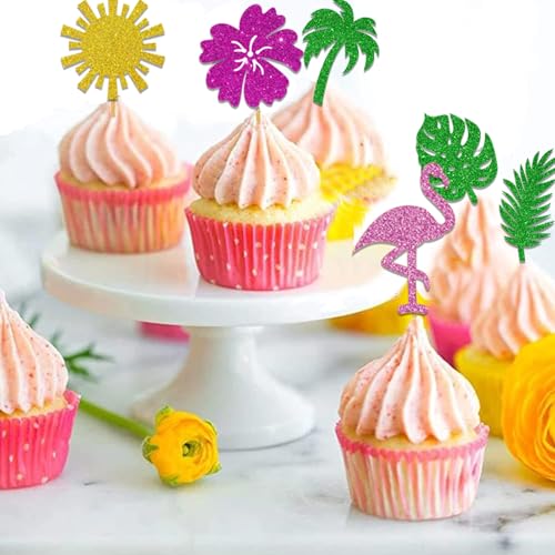 40PCS Tropical Cupcake Toppers - Glitter Hawaiian Cake Picks