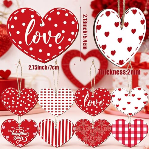 16Pcs Wooden Valentine Heart Ornaments Red White Plaid Hanging Decor