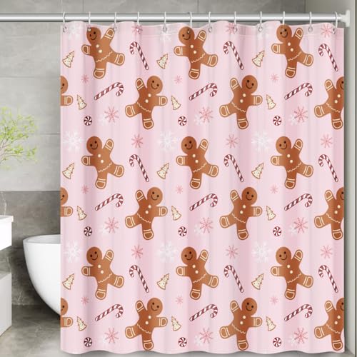 Pink Gingerbread Man Christmas Shower Curtain Set with Hooks