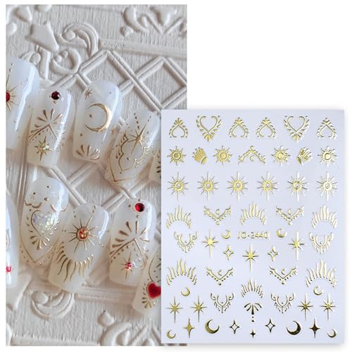 Star Moon Sun 3D Nail Art Stickers Decals Gold Silver 6 Sheets