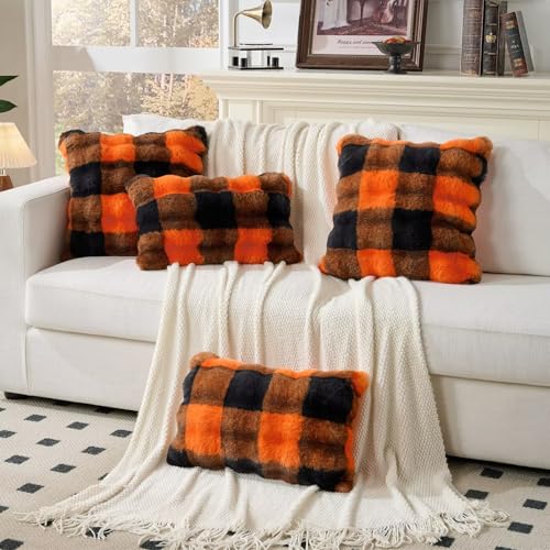 Set of 2 Cozy Faux Fur Throw Pillow Covers - 18x18 Inch Orange-Black Grid