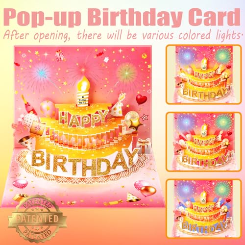 Pop Up Birthday Card for Women - Pink LED Light & Music