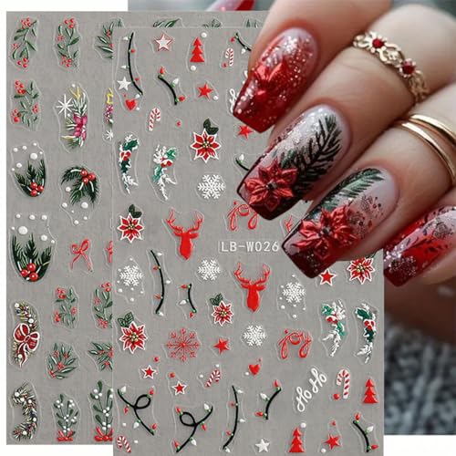 Christmas Nail Art Stickers 3D Embossed Winter Holiday Decals 4 Sheets