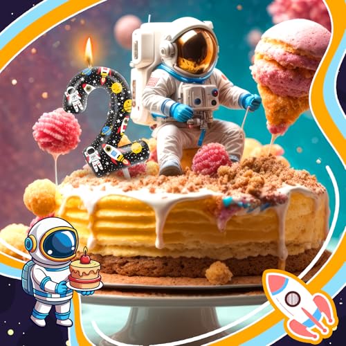 Number 2 Space Birthday Candle - Astronaut Planet Cake Topper