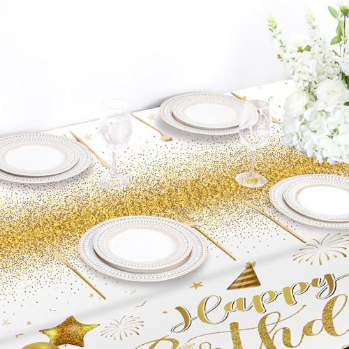 White Gold 3-Piece Plastic Birthday Party Tablecloths - Large 54x108 Inches