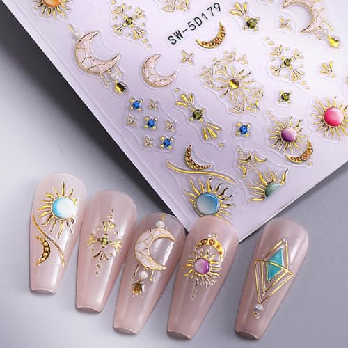 Bohemian Gold Star & Moon 5D Embossed Nail Stickers - 2 Sheets