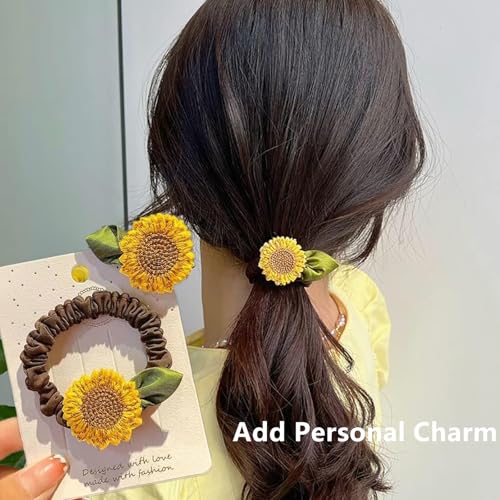 Brown Sunflower Scrunchies Hair Ties 4 Pcs, Elastic Ponytail Holders