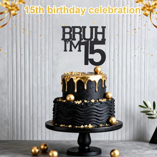 Black Glitter 15th Birthday Cake Topper for Boys & Girls