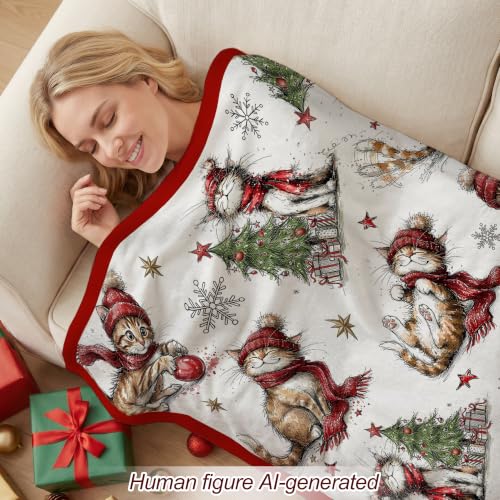 Christmas Fleece Blanket with Red Cat and Tree Pattern - Cozy Holiday Throw