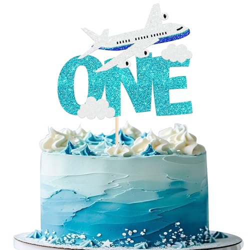 Airplane First Birthday Cake Topper Glitter Blue and White Party Decor