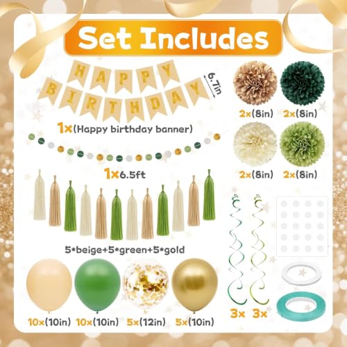 Sage Green Birthday Party Decorations Set with Banner and Balloons