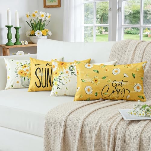Daisy Flower Throw Pillow Covers Set of 4, 12x20 Inch - Summer Floral Decor