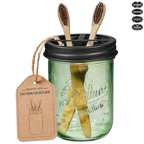 Green Mason Jar Toothbrush Holder with Stainless Steel Lid - Farmhouse Bathroom Organizer