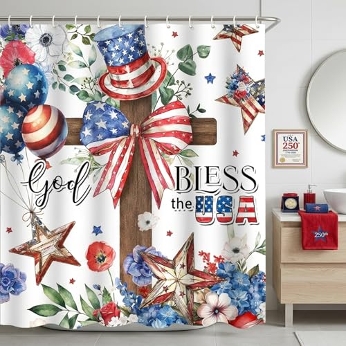 Patriotic 4th of July Shower Curtain - God Bless the USA, 72x72 Inch