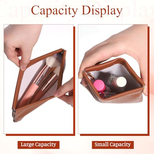 Xyembu 2-Piece Leather Pocket Cosmetic Bag Set Brown Mini Travel Pouch