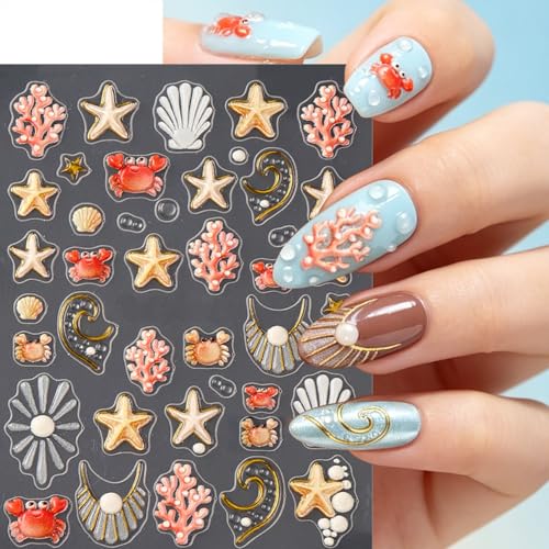 5D Embossed Summer Beach Nail Art Stickers Cute Starfish Crab Decals 2 Sheets