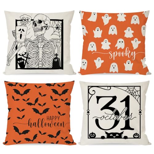 Halloween Throw Pillow Covers 18x18 Set of 4, Orange & Black Farmhouse Decor