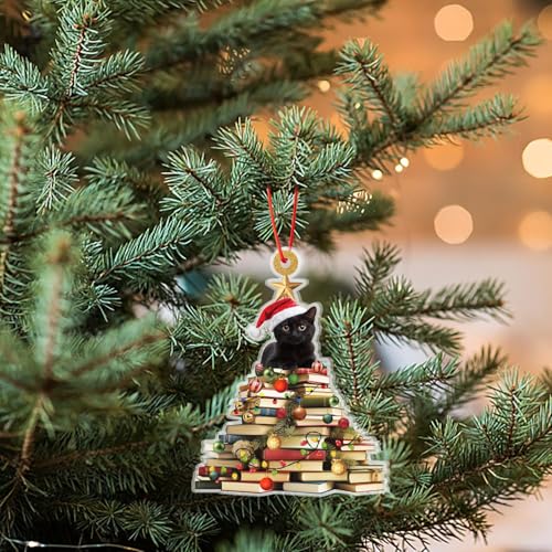 Haooryx Black Cat Christmas Ornament - Acrylic Book Lover Decor