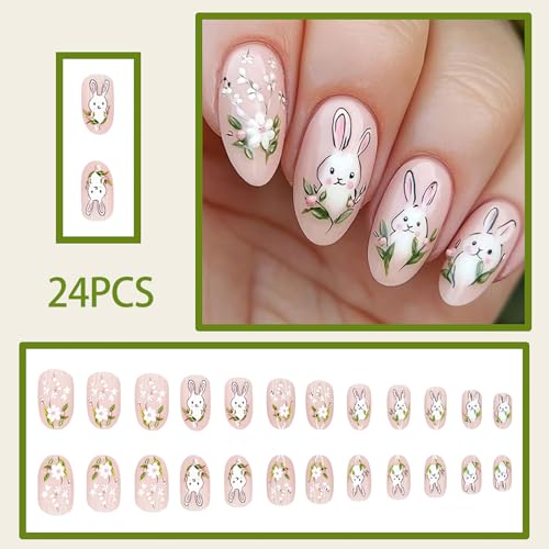 ASABITE Easter Press on Nails Short Almond Bunny Flower False Nails Kit