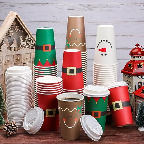 Santa Claus Christmas Coffee Cups 16 oz - 100 Disposable Paper Cups with Lids