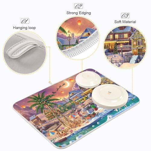 Extra Large Reversible Christmas Dish Drying Mat 24x18 Inches - Microfiber Kitchen Counter Protector