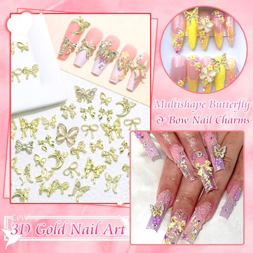 BELICEY 72Pcs Gold Bow and Butterfly Nail Charms 3D Alloy Rhinestones