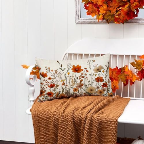 RABUSOFA Rust Floral Fall Throw Pillow Cover, 12x20 Inch Farmhouse Decor