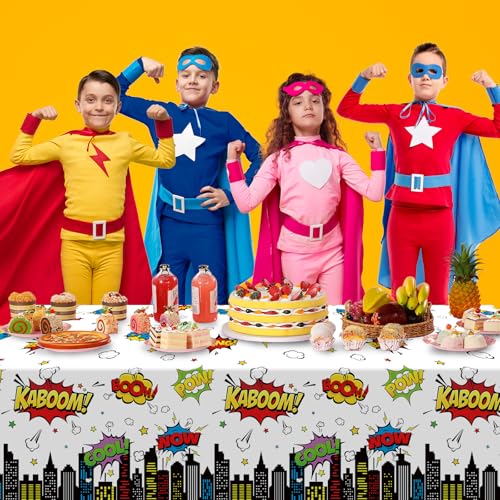 3Pcs Hero Themed Birthday Tablecloths - Cityscape Design, 54x108 Inch